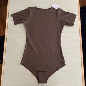 [NWT] Okko T-Shirt Front Button-Closure Bodysuit in Mocha + Long Torso